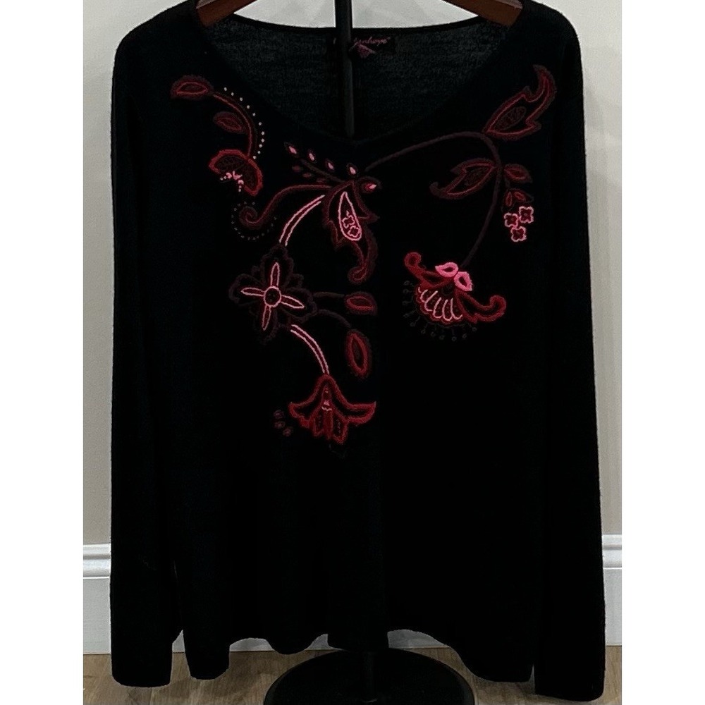 LILY STANHOPE Women's Sweater Pullover Long Sleeve Size 2X Embroidered Black EUC